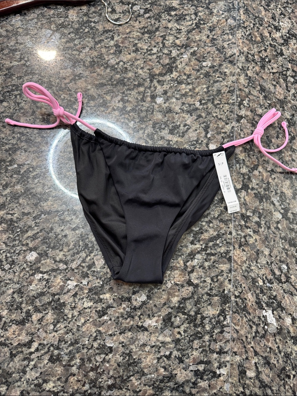PINK Victoria's Secret Black string Bikini Bottom with Pink Tie Strings NEW